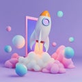 colorful rocket launching from smartphone surrounded by soft clouds and spheres, symbolizing innovation and creativity Royalty Free Stock Photo