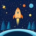 Colorful rocket soaring through starry night sky, surrounded by planets and trees, evokes sense of adventure and exploration Royalty Free Stock Photo
