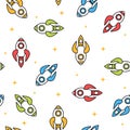 Colorful rockets seamless pattern black outline on white background