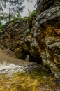 Colorful rocks next to the yellow and purple lake