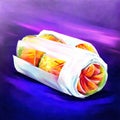 Colorful roll of fruit wrap on a purple background. Digital painting. generative AI