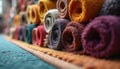 Colorful rolled carpets arranged neatly in stacks. Diverse textile samples create a vibrant display of patterns and textures for Royalty Free Stock Photo