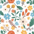 Colorful romantic hand drawn flowers seamless pattern. Elegant blooming garden flower with branches, leaves and stem Royalty Free Stock Photo