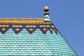 Colorful roof detail against blue sky