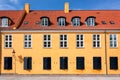 Colorful roof and facade of old building in traditional style in Copenhagen, Denmark. Historical town background Royalty Free Stock Photo