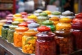 colorful rooftop assortment of traditional glazed korean kimchi jars