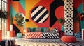 A colorful room with a black and white wall and a red and white couch. quality Royalty Free Stock Photo