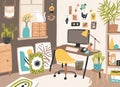 Colorful room interior of artistic person vector flat illustration. Apartment with creative workplace, computer