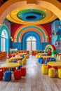 A colorful room with a rainbow arch and many colorful chairs Royalty Free Stock Photo
