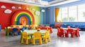 A colorful room with a rainbow wall and many chairs Royalty Free Stock Photo