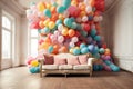 Colorful Room sofa balloons. Generate Ai Royalty Free Stock Photo
