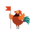 Colorful Rooster Crowing, Farm Cock Cartoon Character with Red Flag Vector Illustration
