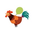 Colorful Rooster with Green Balloon, Farm Cock Cartoon Character Vector Illustration