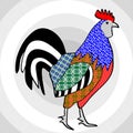 Colorful rooster in patchwork style on gray background composed of concentric circles Royalty Free Stock Photo