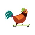 Colorful Rooster Riding on Skateboard, Farm Cock Cartoon Character Vector Illustration
