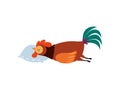 Colorful Rooster Sleeping on Pillow, Farm Cock Cartoon Character Vector Illustration