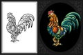 Colorful rooster zentangle art with black line sketch isolated on black and white background