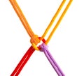 Colorful ropes tied together on white background