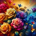 The colorful rose flowers, shine golden, aesthetic art, bold painting, floral art
