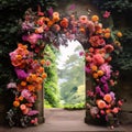 Colorful roses decorating the gate to the garden. Flowering flowers, a symbol of spring, new life Royalty Free Stock Photo