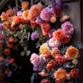 Colorful roses growing in front of the entrance to the house. Flowering flowers, a symbol of spring, new life Royalty Free Stock Photo