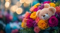 Colorful Roses and a Teddy Bear Bouquet Royalty Free Stock Photo