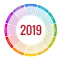 Colorful round calendar 2019 design, Print Template, Your Logo and Text. Week Starts Sunday. Portrait Orientation. 2019 Royalty Free Stock Photo