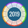 Colorful round calendar 2019 design, Print Template, Your Logo and Text. Week Starts Sunday. Portrait Orientation. 2019 Royalty Free Stock Photo