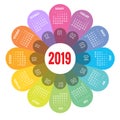 Colorful round calendar 2019 design, Print Template, Your Logo and Text. Week Starts Sunday. Portrait Orientation. 2019 Royalty Free Stock Photo