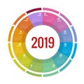 Colorful round calendar 2019 design, Print Template, Your Logo and Text. Week Starts Sunday. Portrait Orientation. 2019 Royalty Free Stock Photo