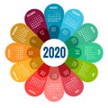 Colorful round calendar 2020 design, Print Template, Your Logo and Text. Week Starts Sunday. Portrait Orientation. 2020