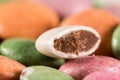 Colorful round chocolate candies closeup macro sliced candy