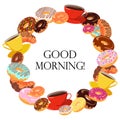 Colorful round frame of delicious donuts, croissants and cups of coffee