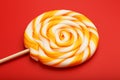 Colorful round Lollipop, on red background. Minimal concept with copy space Royalty Free Stock Photo