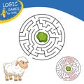 Colorful Round Maze. Labyrinth conundrum with funny character Sheep. Find the right path. Logic Games for kids with Answer.