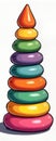 Colorful round pyramid toy. Colorful rings stacked in pyramid shape. Educational toy for toddlers. Fun, engaging toy for kids.