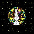 Colorful round sticker with snowman and star. For greeting card, invitation, posters, cover, texture backgrounds, placards,