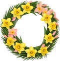 A colorful round yellow daffodil wreath. AI-Generated.