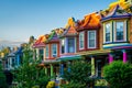 Colorful row houses on Guilford Avenue, in Charles Village, Baltimore, Maryland