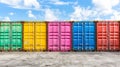 Colorful rows of cargo containers in various shades lined up at a bustling shipping yard