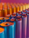 Colorful rows of cylindrical batteries in a close-up perspective. Royalty Free Stock Photo