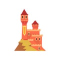 Colorful royal castle with towers standing on hill. Icon of medieval fort. Old architecture. Flat vector design for Royalty Free Stock Photo
