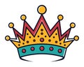 Colorful royal crown with red and yellow design, dotted with orbs on spikes. Monarchy symbol and majestic headwear