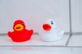 Colorful rubber ducks in the bathroom Royalty Free Stock Photo