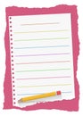 Colorful ruled, ripped white notebook paper sheet are on red background with yellow wooden pencil