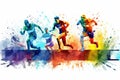 Colorful running people in watercolor splashes. Vector illustration