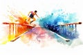 Colorful running people in watercolor splashes. Vector illustration