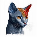 Colorful Russian Blue cat head portrai blue brown red. Royalty Free Stock Photo