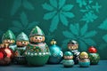 Colorful Russian nesting dolls and Christmas ornaments on blue background Royalty Free Stock Photo