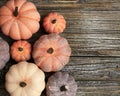 Seven rustic aged pumpkins diffent colors on a rustic wooden background.